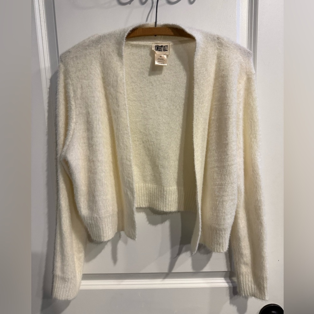 Cropped beige Open-Front cashmere-like Cardigan